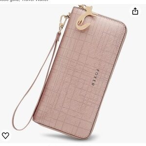 Foxer Women Leather Long Wristlet Wallet Clutch Rose Gold